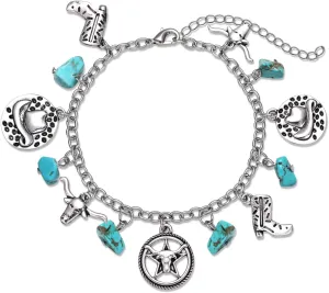 Western Cowgirl Turquoise Bracelets Vintage Sliver Cowboy Charm Bracelet Cowboy Hat Boots Bull Charm Chain Link Bracelet Y2K Adjustable Jewelry for Women Girls