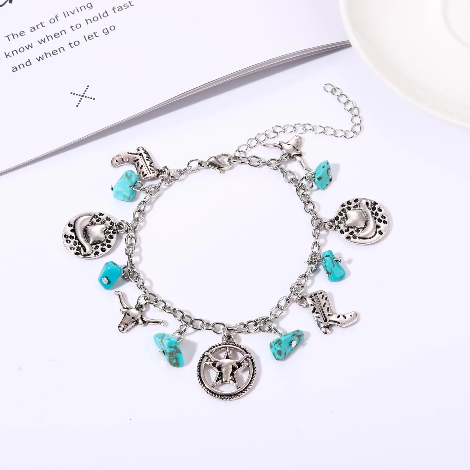 Western Cowgirl Turquoise Bracelets Vintage Sliver Cowboy Charm Bracelet Cowboy Hat Boots Bull Charm Chain Link Bracelet Y2K Adjustable Jewelry for Women Girls