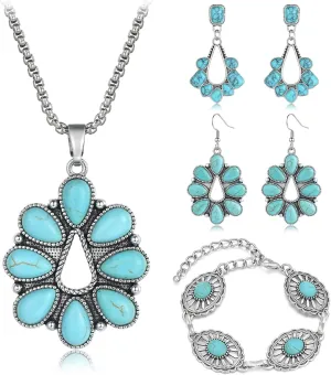 Western Turquoise Jewelry Set for Women Vintage Bohemian Adjustable Necklace Dangle Earring Bracelet Set Boho Jewelry Cowgirl Accessories for Mom Wife Girlfriend
