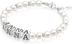 White Pearl Bracelet, Sterling Silver Alphabet Beads with your Name, Personalized Gifts, Bracelets for Girls, Baptism Gifts, Birthday gifts for a Birthday Girl