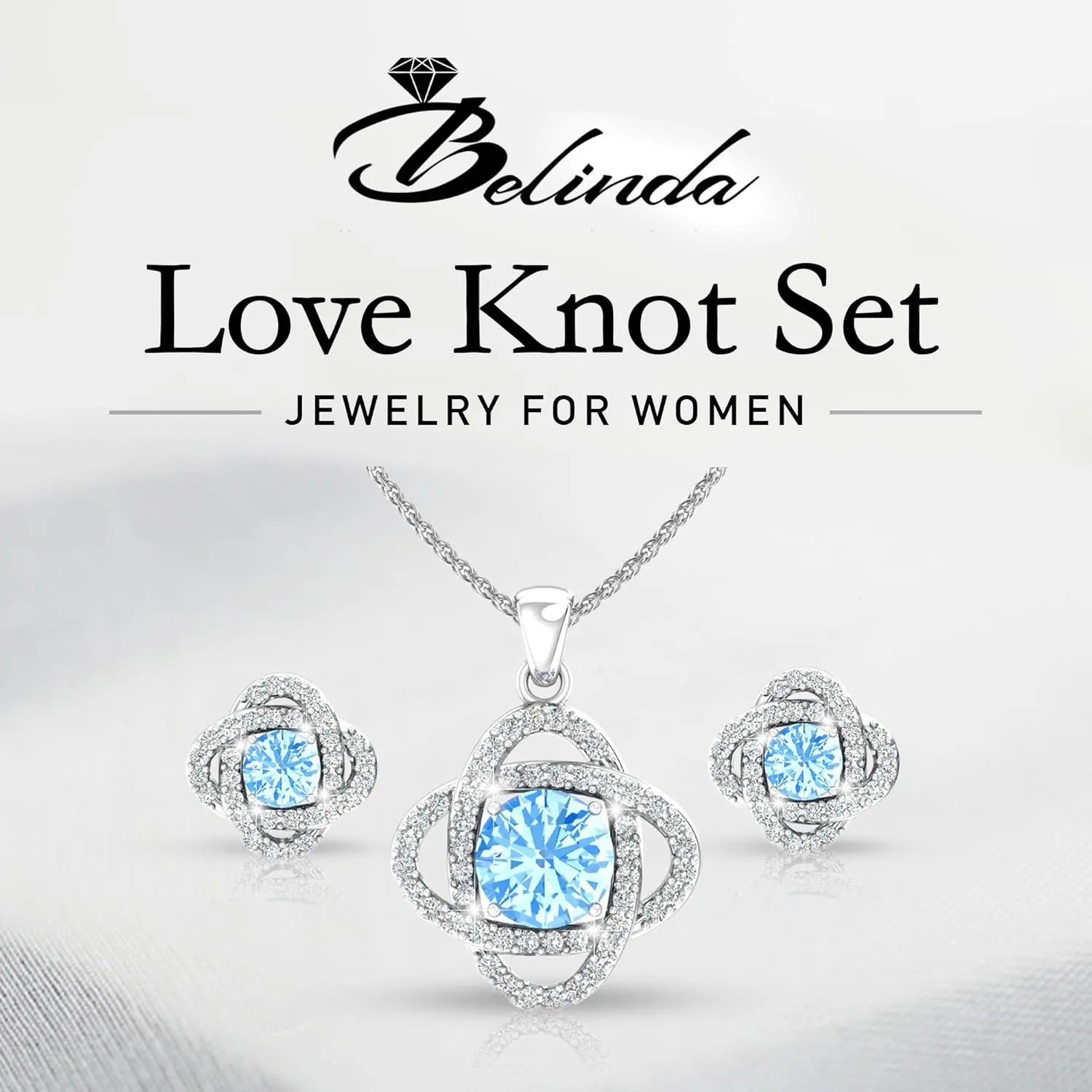 Women 925 Sterling Silver Cute Love Knot Sparkling Gemstone Push Back Stud Earrings Hanging Pendant Necklace Beautiful Fine Jewelry Accessory Set, 1.65 Carat