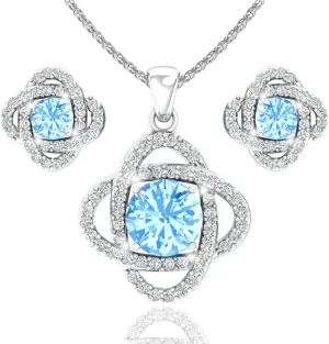 Women 925 Sterling Silver Cute Love Knot Sparkling Gemstone Push Back Stud Earrings Hanging Pendant Necklace Beautiful Fine Jewelry Accessory Set, 1.65 Carat