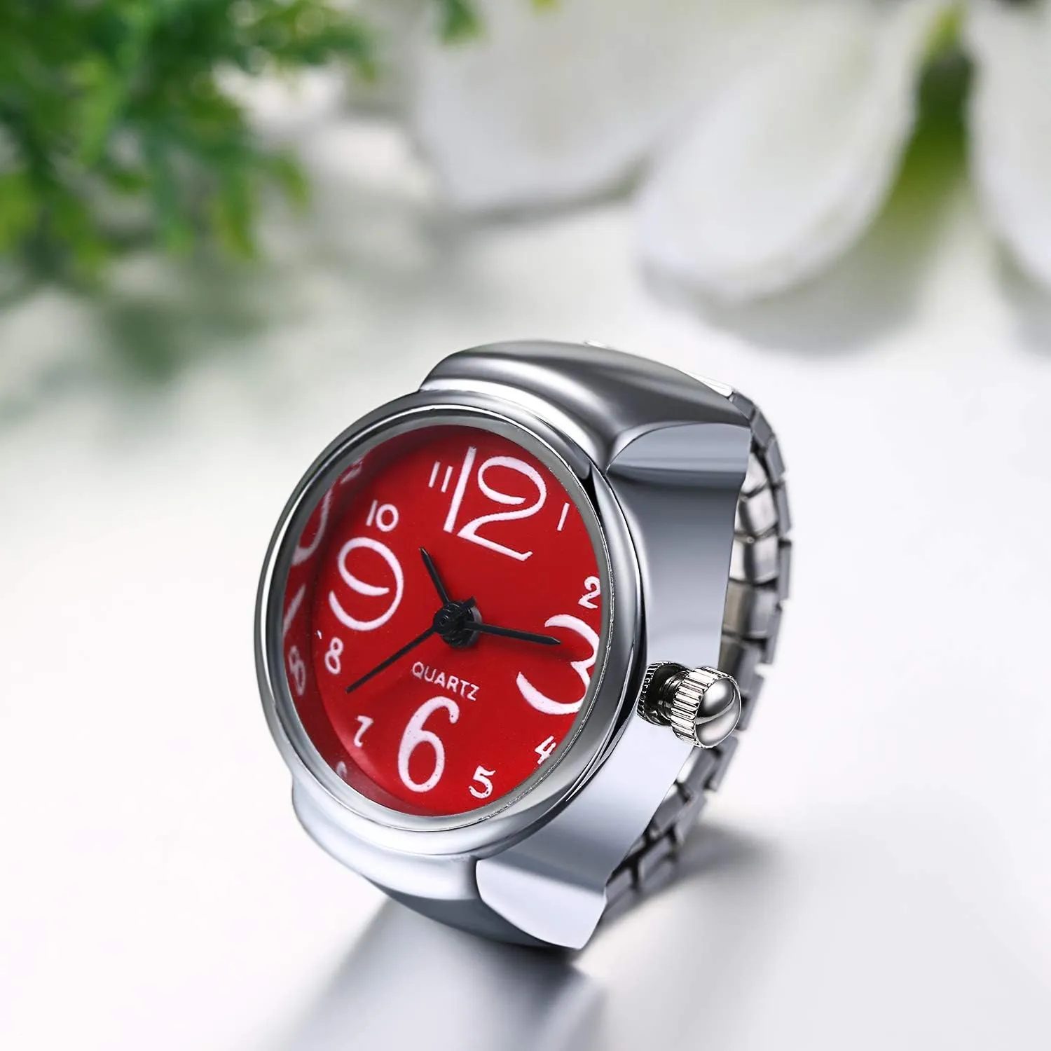 Women Finger Watch Rings: Unisex Vintage Waterproof Men Finger Ring Clock Set Analog Arabic Numerals Dial Novelty Quartz Watches with Elastic Band
