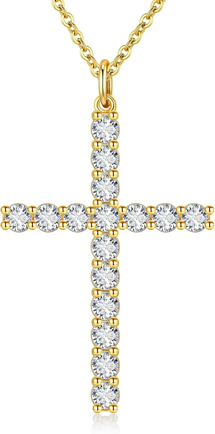 Women's Cross Necklace Yellow Gold Pendant Birthstone Criss Jewelry