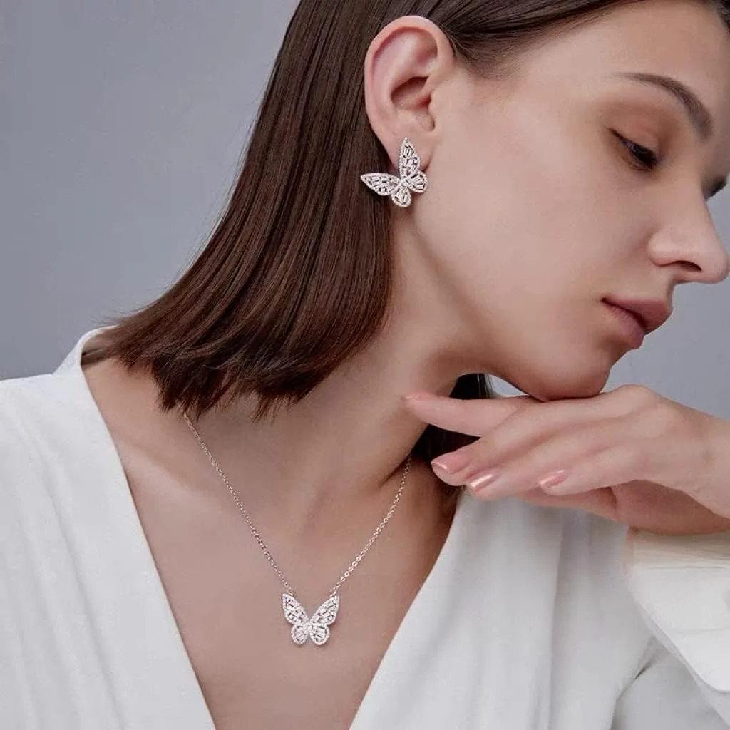 Women's Jewelry Sets Crystal Butterfly Earrings Necklaces for Women Cubic Zirconia White Gold Butterfly Necklace Ring Bangle Bracelet Birthday Anniversary Valentines Mother's Day Jewelry Gifts for Mom Bridesmaid Wife Sister Friend