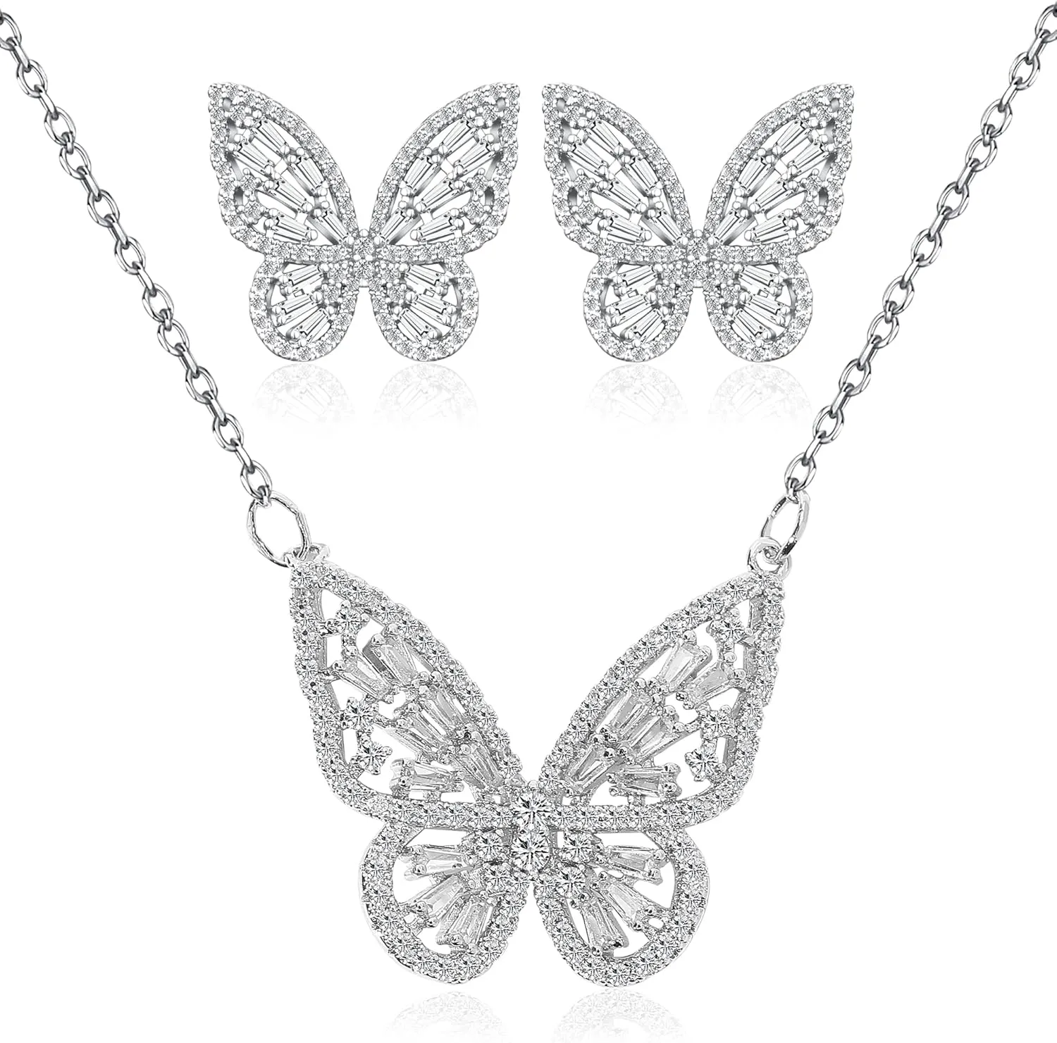 Women's Jewelry Sets Crystal Butterfly Earrings Necklaces for Women Cubic Zirconia White Gold Butterfly Necklace Ring Bangle Bracelet Birthday Anniversary Valentines Mother's Day Jewelry Gifts for Mom Bridesmaid Wife Sister Friend