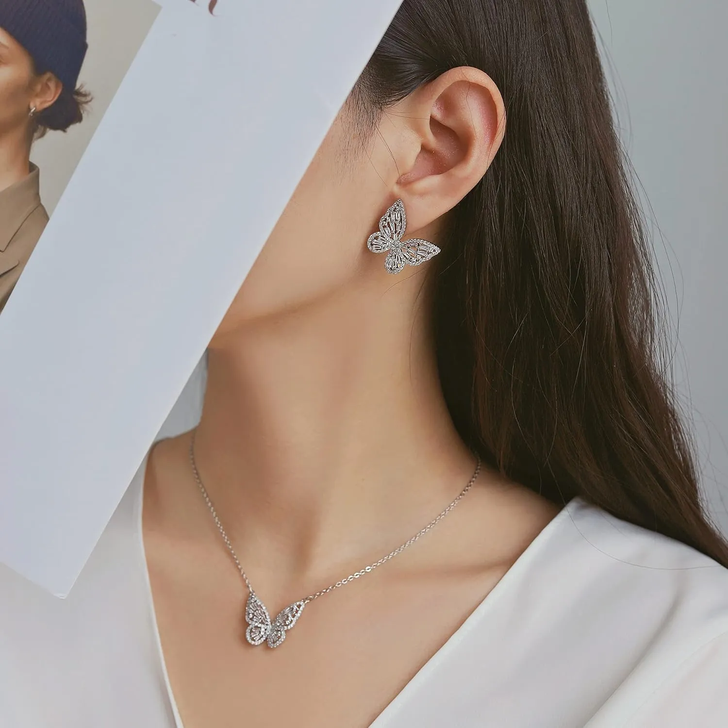 Women's Jewelry Sets Crystal Butterfly Earrings Necklaces for Women Cubic Zirconia White Gold Butterfly Necklace Ring Bangle Bracelet Birthday Anniversary Valentines Mother's Day Jewelry Gifts for Mom Bridesmaid Wife Sister Friend