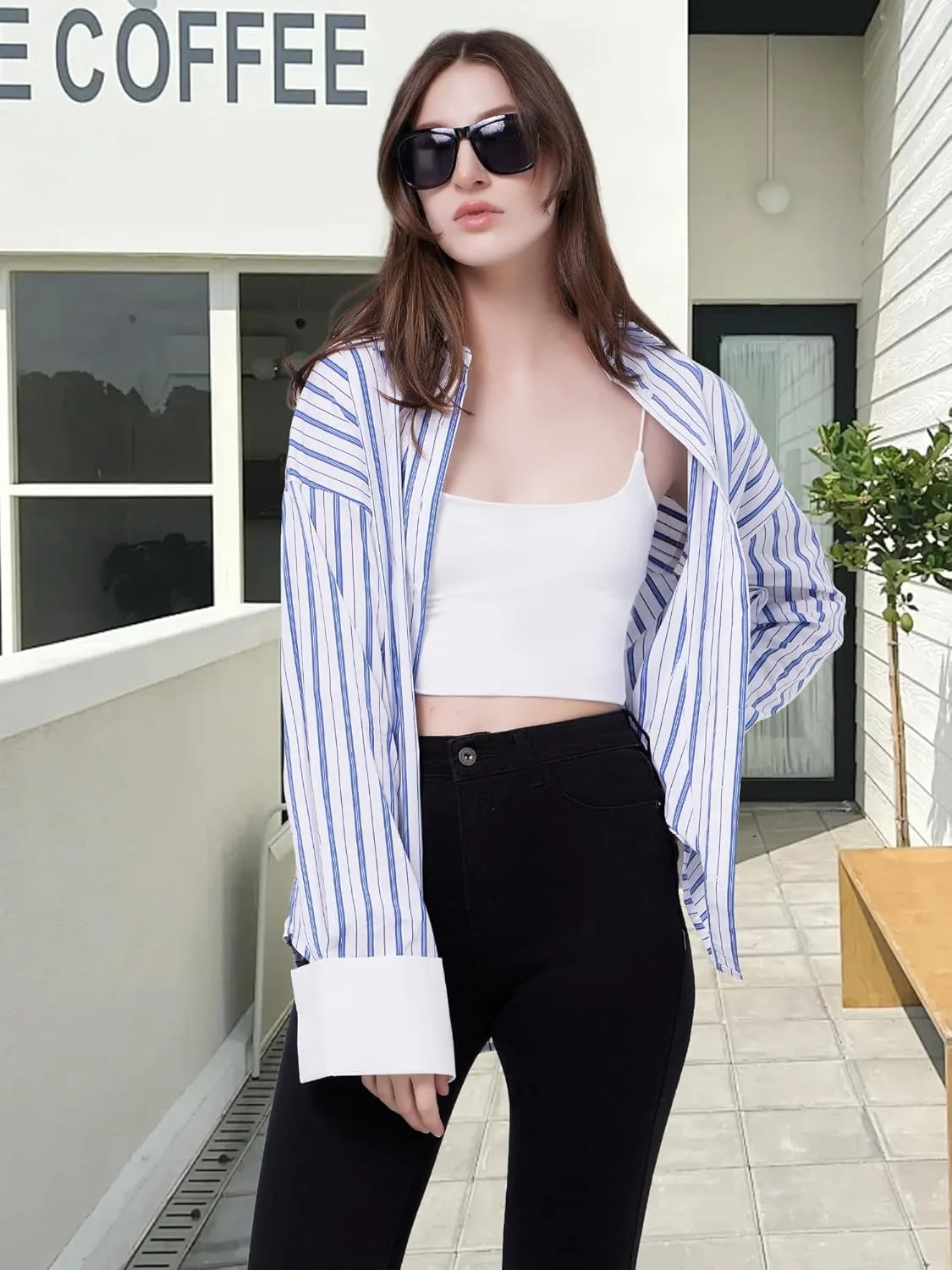Womens Long Sleeve Button Down Striped Shirts Casual Cufflink-Free Blouse Shirts