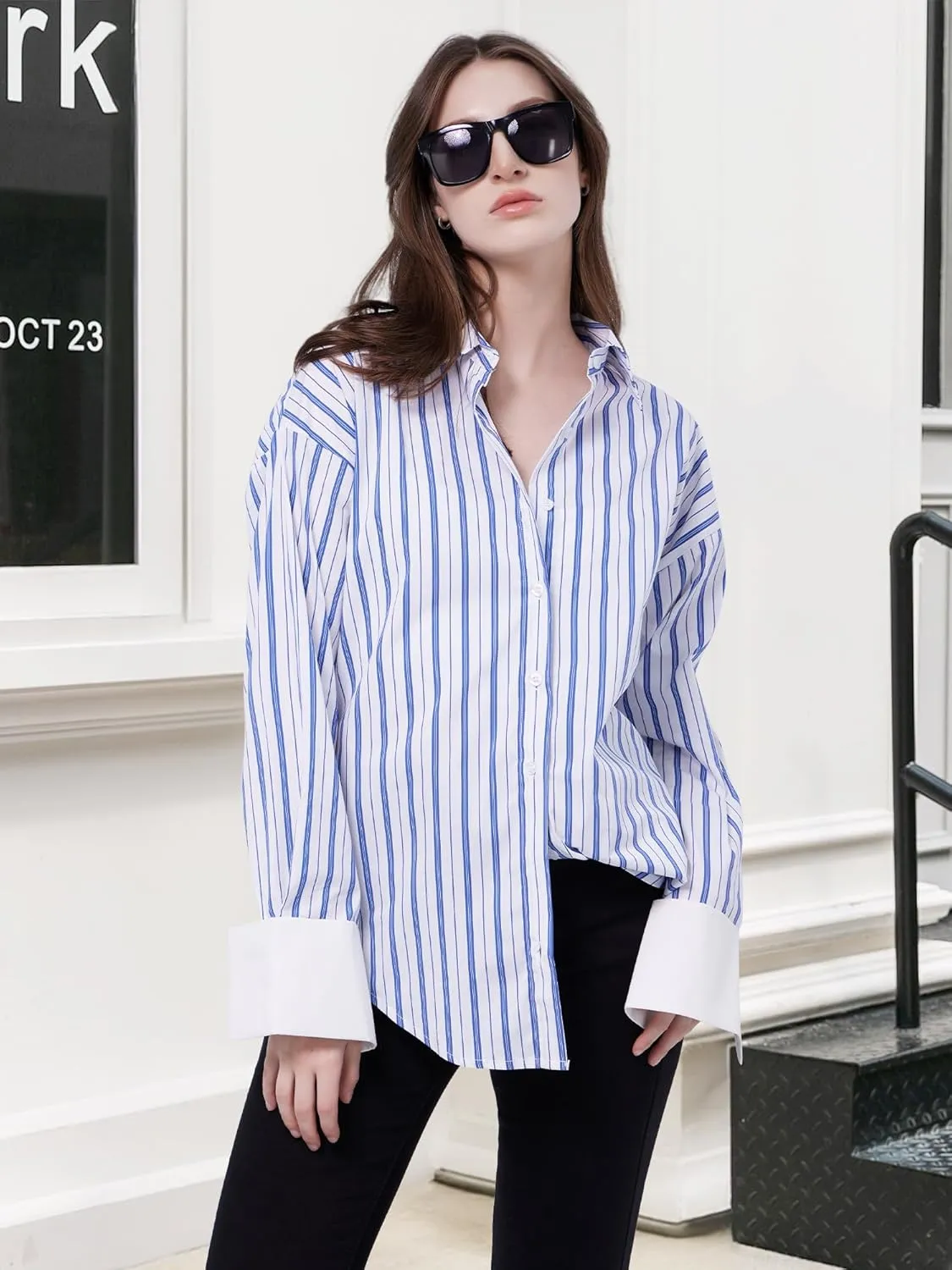 Womens Long Sleeve Button Down Striped Shirts Casual Cufflink-Free Blouse Shirts