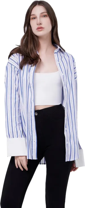 Womens Long Sleeve Button Down Striped Shirts Casual Cufflink-Free Blouse Shirts