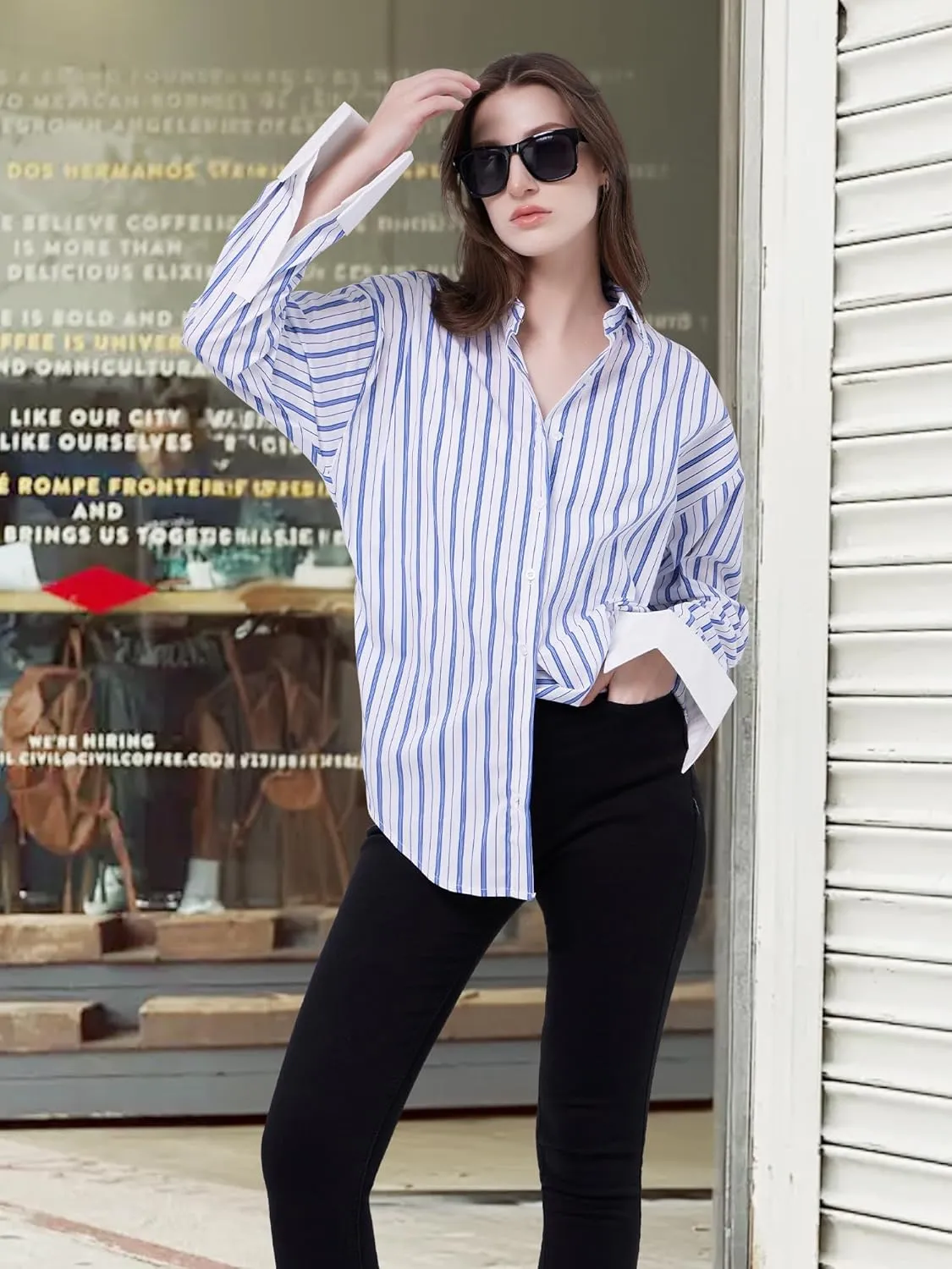 Womens Long Sleeve Button Down Striped Shirts Casual Cufflink-Free Blouse Shirts