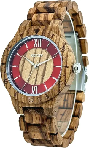 Wooden Watch for Men Casual Quartz Analog Red Metal and Wood Dial Case Diameter 44mm