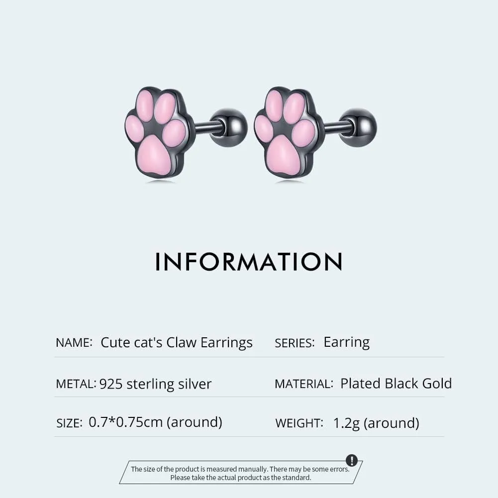 WOSTU Cat Paw Stud Earring for Women S925 Sterling Silver Pet Footprint Earring Hypoallergenic Jewelry Gift for Women Teen Girls Cat Lovers Black Pink