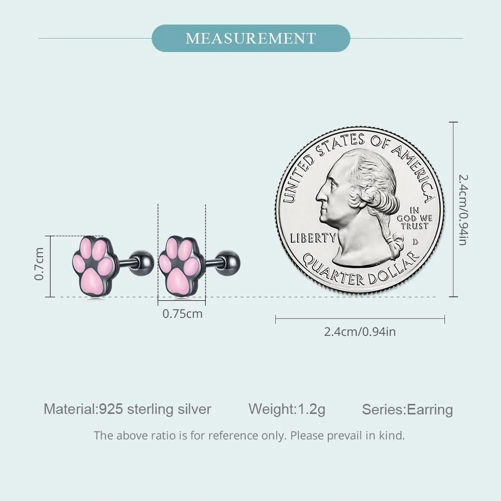 WOSTU Cat Paw Stud Earring for Women S925 Sterling Silver Pet Footprint Earring Hypoallergenic Jewelry Gift for Women Teen Girls Cat Lovers Black Pink