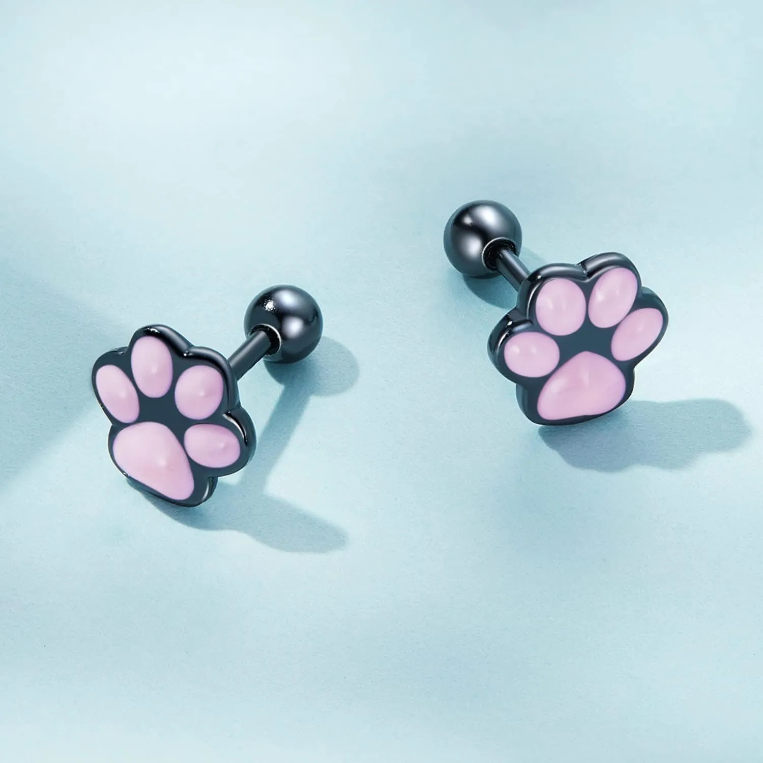 WOSTU Cat Paw Stud Earring for Women S925 Sterling Silver Pet Footprint Earring Hypoallergenic Jewelry Gift for Women Teen Girls Cat Lovers Black Pink