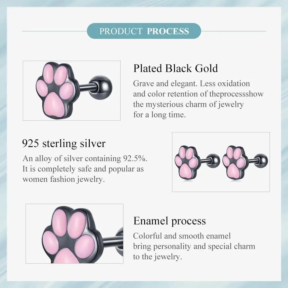 WOSTU Cat Paw Stud Earring for Women S925 Sterling Silver Pet Footprint Earring Hypoallergenic Jewelry Gift for Women Teen Girls Cat Lovers Black Pink