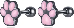 WOSTU Cat Paw Stud Earring for Women S925 Sterling Silver Pet Footprint Earring Hypoallergenic Jewelry Gift for Women Teen Girls Cat Lovers Black Pink