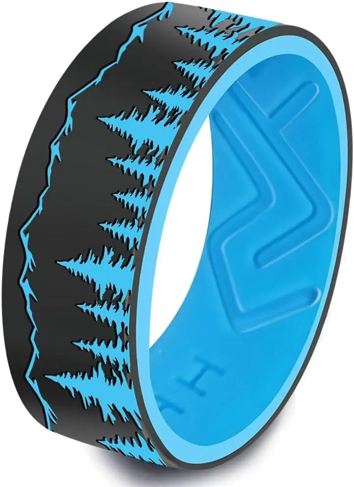 XAHH Silicone Ring for Men Women,Wolf Forest Peak Outdoor Hunting Ring Rubber Wedding Bands,Black Grey Blue Purple Green Red