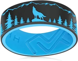 XAHH Silicone Ring for Men Women,Wolf Forest Peak Outdoor Hunting Ring Rubber Wedding Bands,Black Grey Blue Purple Green Red