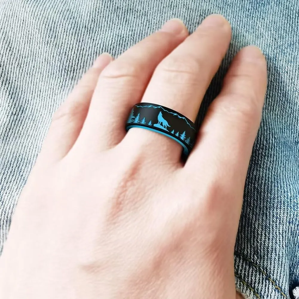 XAHH Silicone Ring for Men Women,Wolf Forest Peak Outdoor Hunting Ring Rubber Wedding Bands,Black Grey Blue Purple Green Red