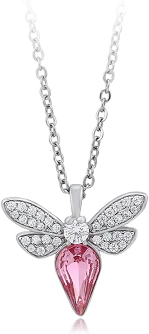 XUPING Dragonfly Pendant Necklace Pink Crystal Necklace Silver Sparkling Necklace for Women Birthday Party Jewelry Gift