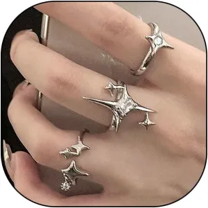 Y2k Silver Star Rings Set for Women Men,Rhinestone Stacking Layering Cool Ring,Personalized Chunky Irregular Adjustable Opening Knuckle Ring