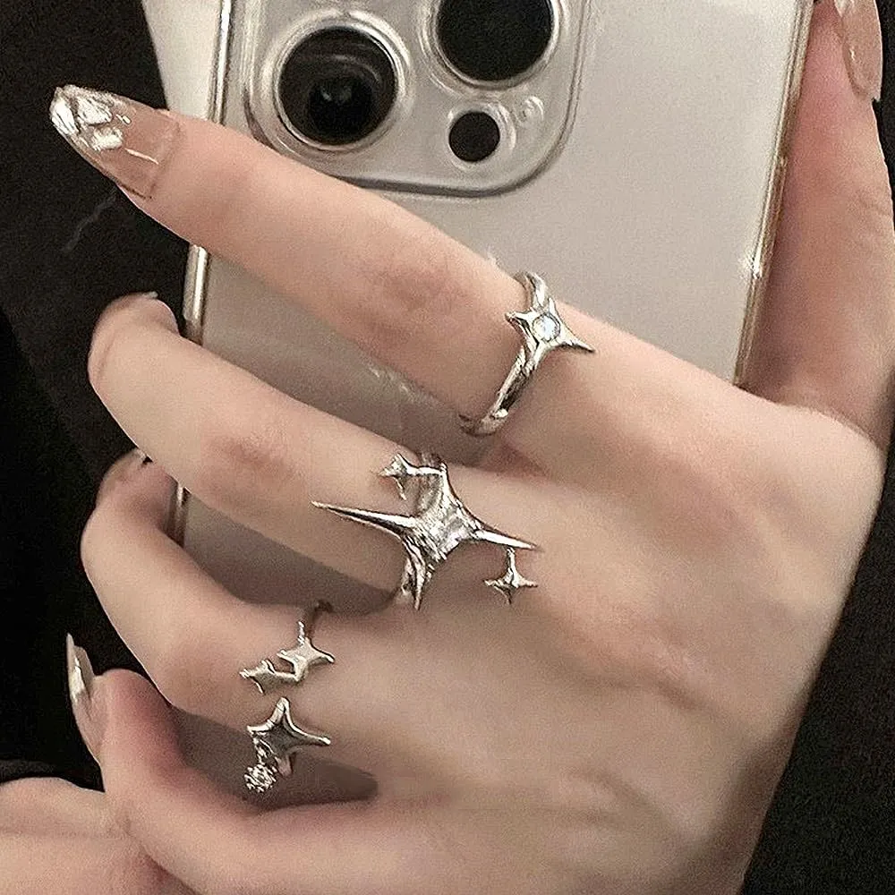 Y2k Silver Star Rings Set for Women Men,Rhinestone Stacking Layering Cool Ring,Personalized Chunky Irregular Adjustable Opening Knuckle Ring
