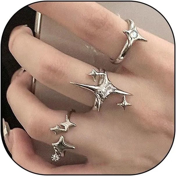 Y2k Silver Star Rings Set for Women Men,Rhinestone Stacking Layering Cool Ring,Personalized Chunky Irregular Adjustable Opening Knuckle Ring
