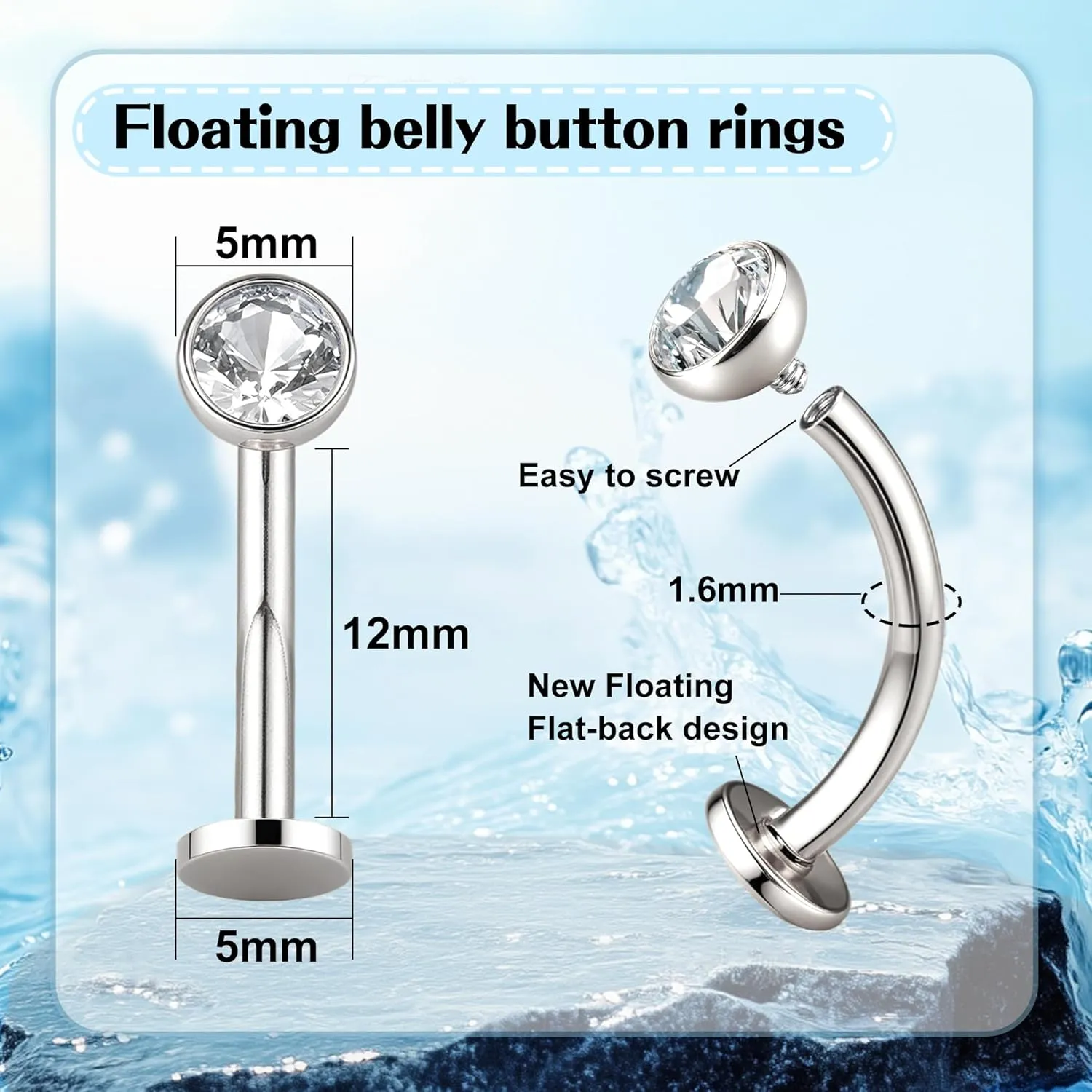 YADOCA 7PCS Floating Belly Button Ring for Women Hypoallergenic Surgical Stainless Steel Belly Rings Internally Threaded CZ Opal Long Bar Navel Barbell Flat Back Belly Piercing 12/14MM Silver Gold