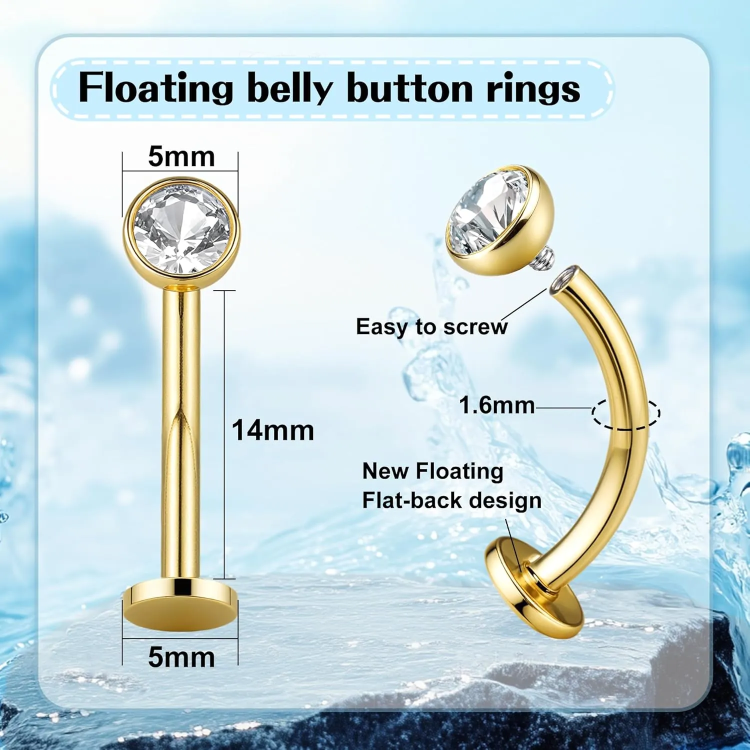 YADOCA 7PCS Floating Belly Button Ring for Women Hypoallergenic Surgical Stainless Steel Belly Rings Internally Threaded CZ Opal Long Bar Navel Barbell Flat Back Belly Piercing 12/14MM Silver Gold