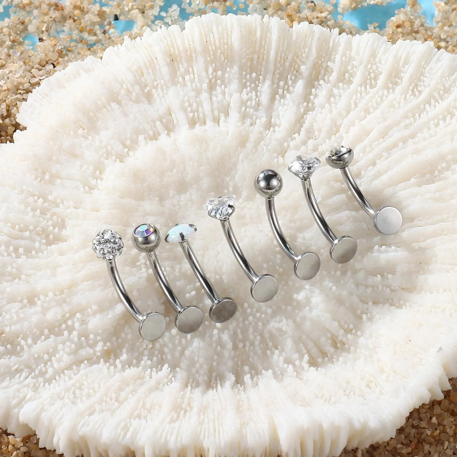 YADOCA 7PCS Floating Belly Button Ring for Women Hypoallergenic Surgical Stainless Steel Belly Rings Internally Threaded CZ Opal Long Bar Navel Barbell Flat Back Belly Piercing 12/14MM Silver Gold