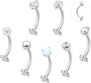 YADOCA 7PCS Floating Belly Button Ring for Women Hypoallergenic Surgical Stainless Steel Belly Rings Internally Threaded CZ Opal Long Bar Navel Barbell Flat Back Belly Piercing 12/14MM Silver Gold