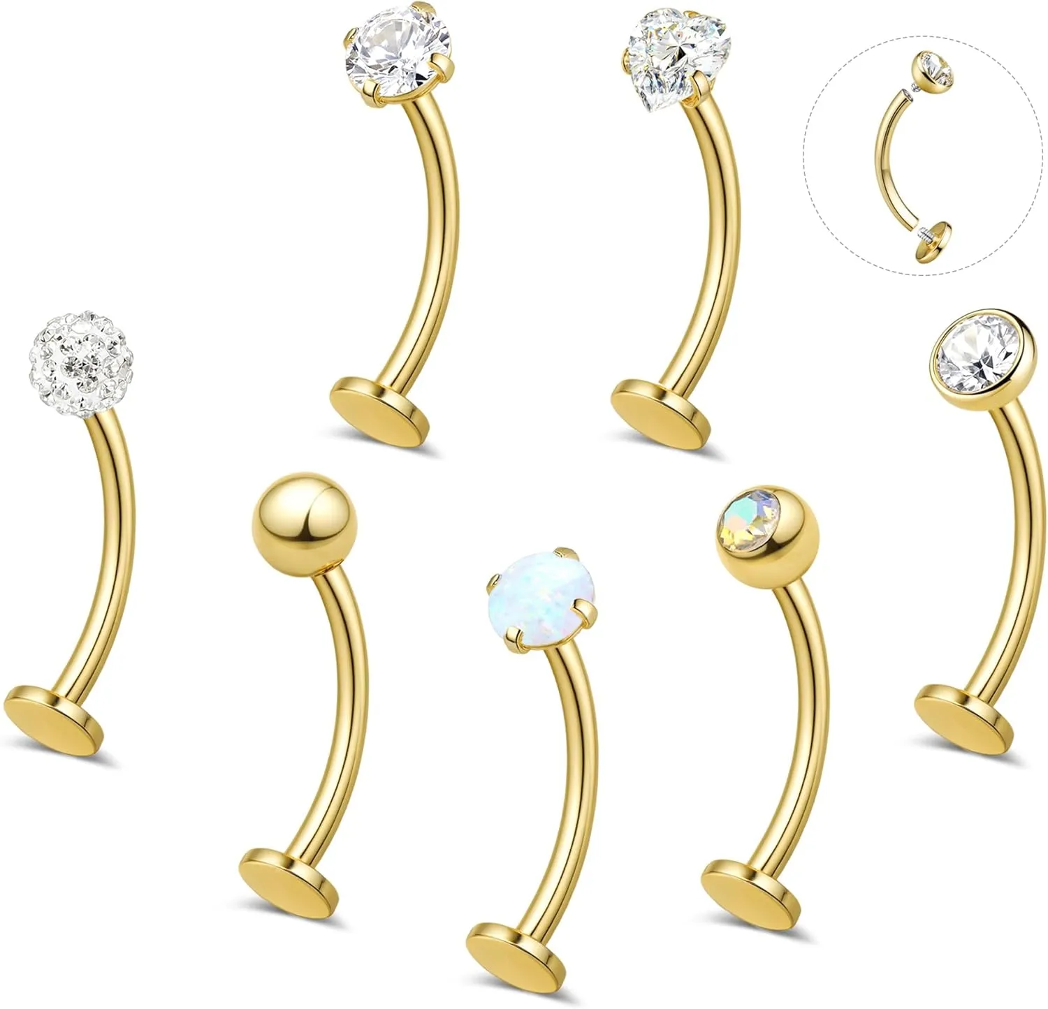 YADOCA 7PCS Floating Belly Button Ring for Women Hypoallergenic Surgical Stainless Steel Belly Rings Internally Threaded CZ Opal Long Bar Navel Barbell Flat Back Belly Piercing 12/14MM Silver Gold