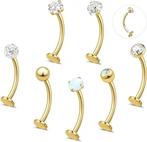 YADOCA 7PCS Floating Belly Button Ring for Women Hypoallergenic Surgical Stainless Steel Belly Rings Internally Threaded CZ Opal Long Bar Navel Barbell Flat Back Belly Piercing 12/14MM Silver Gold