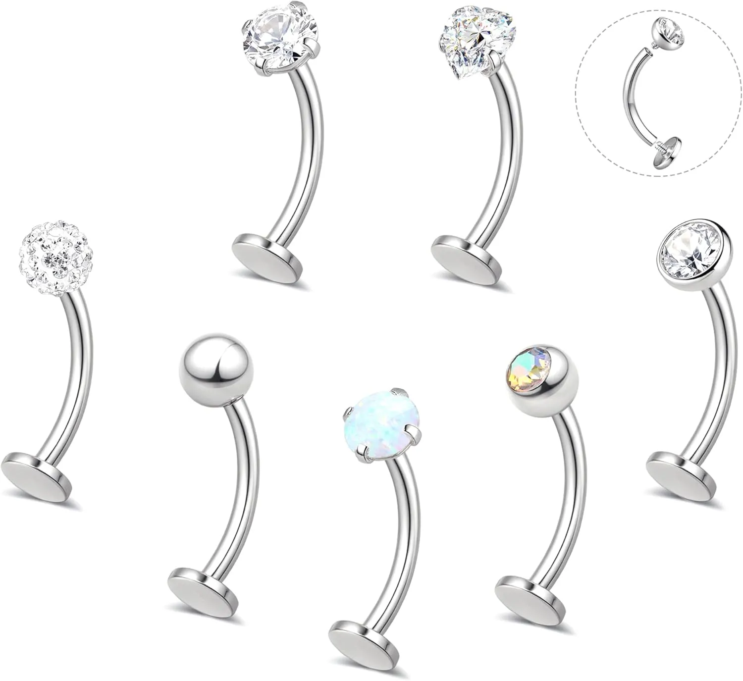 YADOCA 7PCS Floating Belly Button Ring for Women Hypoallergenic Surgical Stainless Steel Belly Rings Internally Threaded CZ Opal Long Bar Navel Barbell Flat Back Belly Piercing 12/14MM Silver Gold