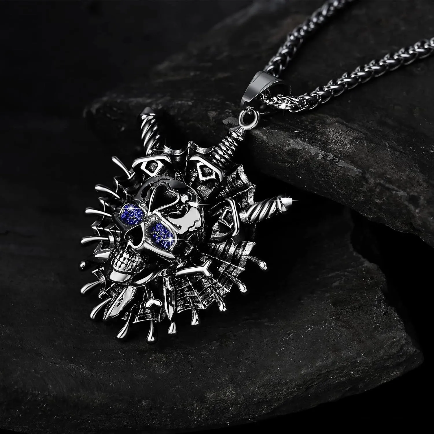 YAMI Necklace for Men, Skull Ghost Rider Large Pendant Titanium Steel, Goth Cool Flame Anime Norse Amulet Jewelry Gifts for Men