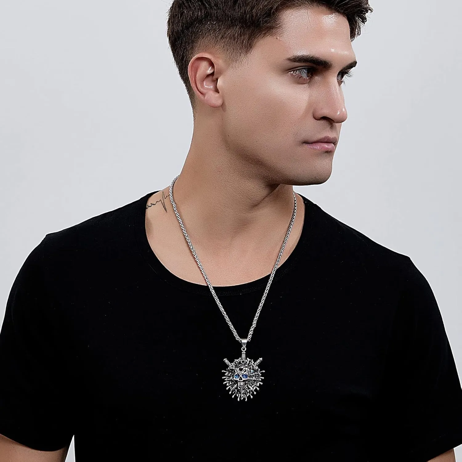 YAMI Necklace for Men, Skull Ghost Rider Large Pendant Titanium Steel, Goth Cool Flame Anime Norse Amulet Jewelry Gifts for Men