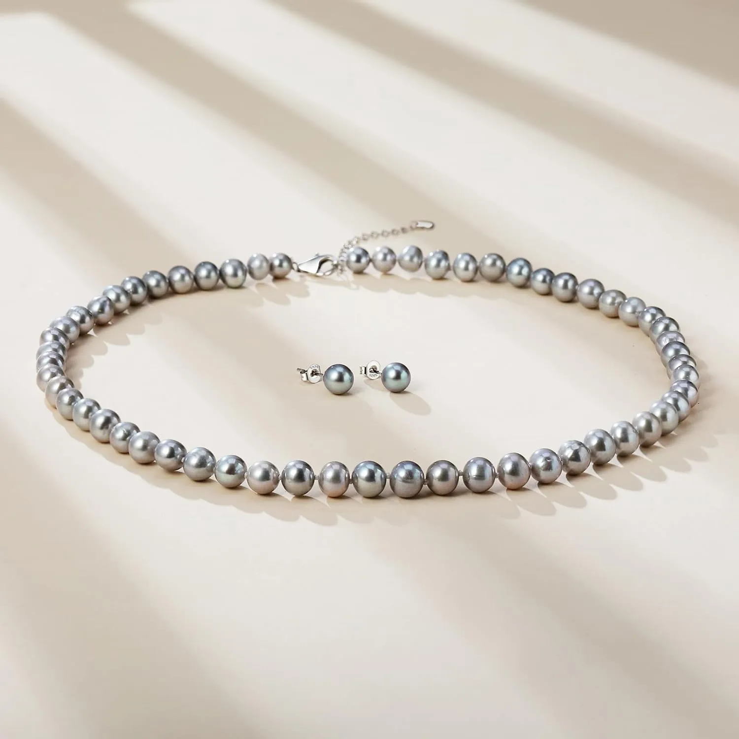 YAMI Saltwater Cultured Grey Pearl Necklace Set, Includes Stunning Bracelet and Stud Earrings, S925 Sterling Silver Adjustable Clasp, Anniversary Mother's Day Jewelry Gifts for Women