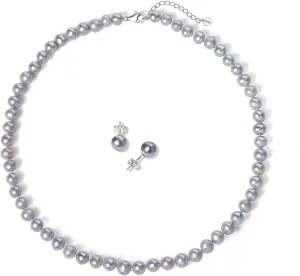 YAMI Saltwater Cultured Grey Pearl Necklace Set, Includes Stunning Bracelet and Stud Earrings, S925 Sterling Silver Adjustable Clasp, Anniversary Mother's Day Jewelry Gifts for Women