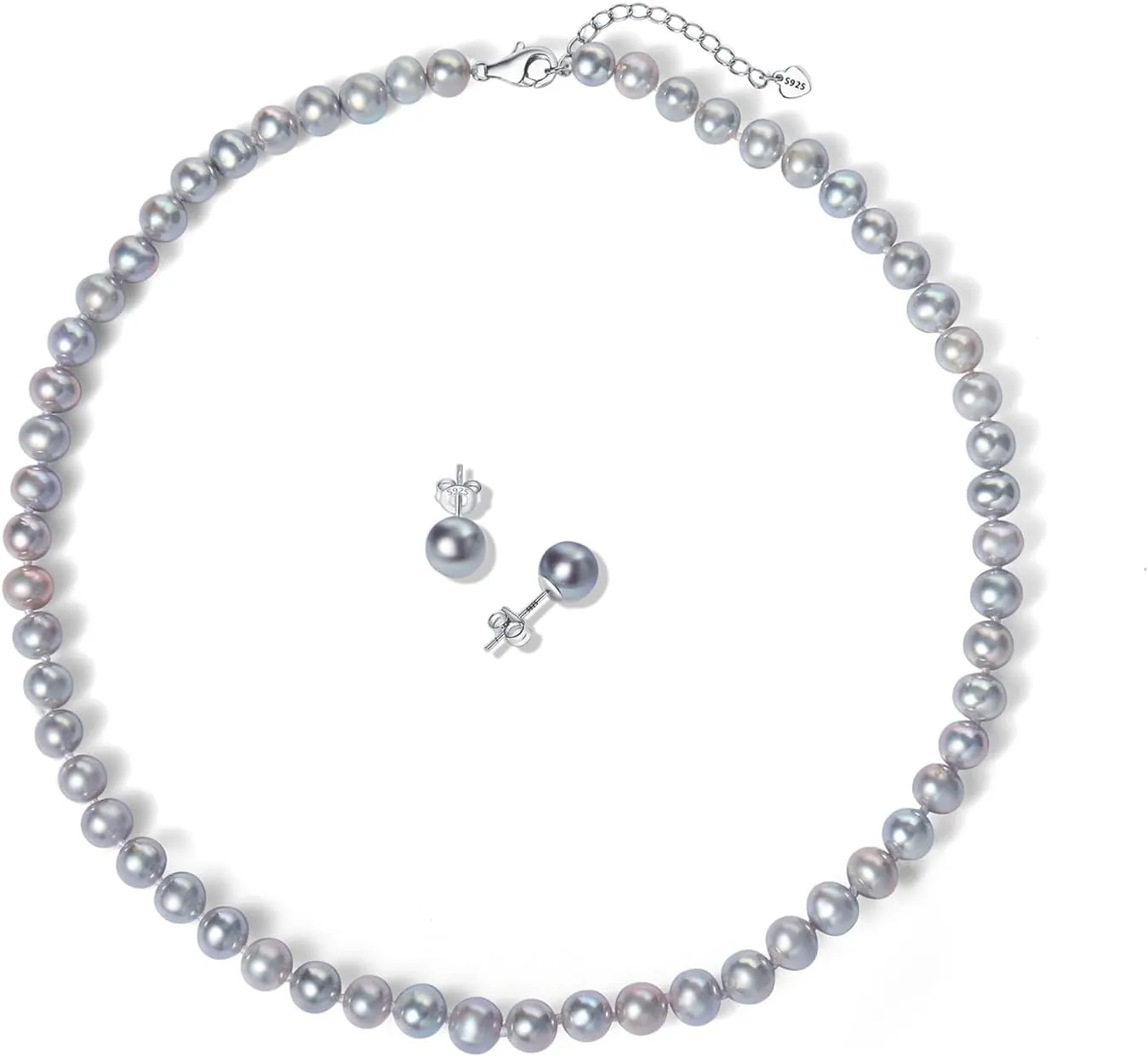 YAMI Saltwater Cultured Grey Pearl Necklace Set, Includes Stunning Bracelet and Stud Earrings, S925 Sterling Silver Adjustable Clasp, Anniversary Mother's Day Jewelry Gifts for Women