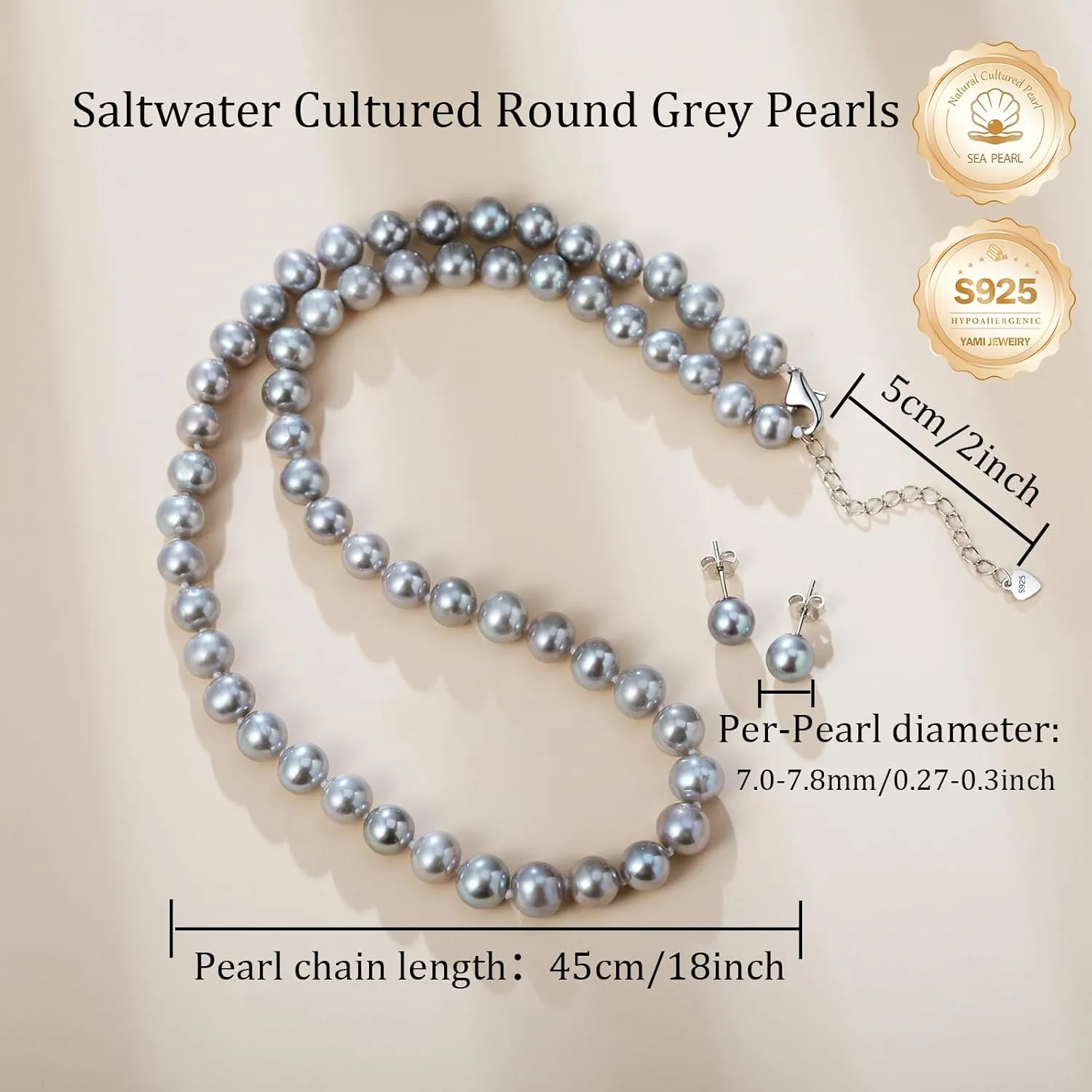 YAMI Saltwater Cultured Grey Pearl Necklace Set, Includes Stunning Bracelet and Stud Earrings, S925 Sterling Silver Adjustable Clasp, Anniversary Mother's Day Jewelry Gifts for Women