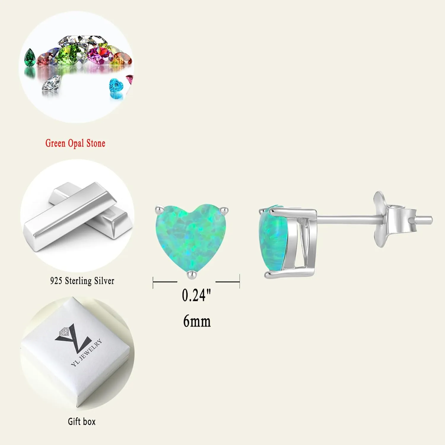 YL Heart Earrings 925 Sterling Silver Love Solitaire Stud Earrings 6x6 MM Birthstone Jewelry for Women