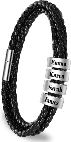 Yofair Custom Mens Bracelet with Family Name Personalized Braided Leather Bracelet Engraved Bracelets Fathers Dad Gifts for Men