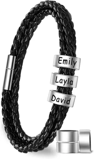 Yofair Custom Mens Bracelet with Family Name Personalized Braided Leather Bracelet Engraved Bracelets Fathers Dad Gifts for Men