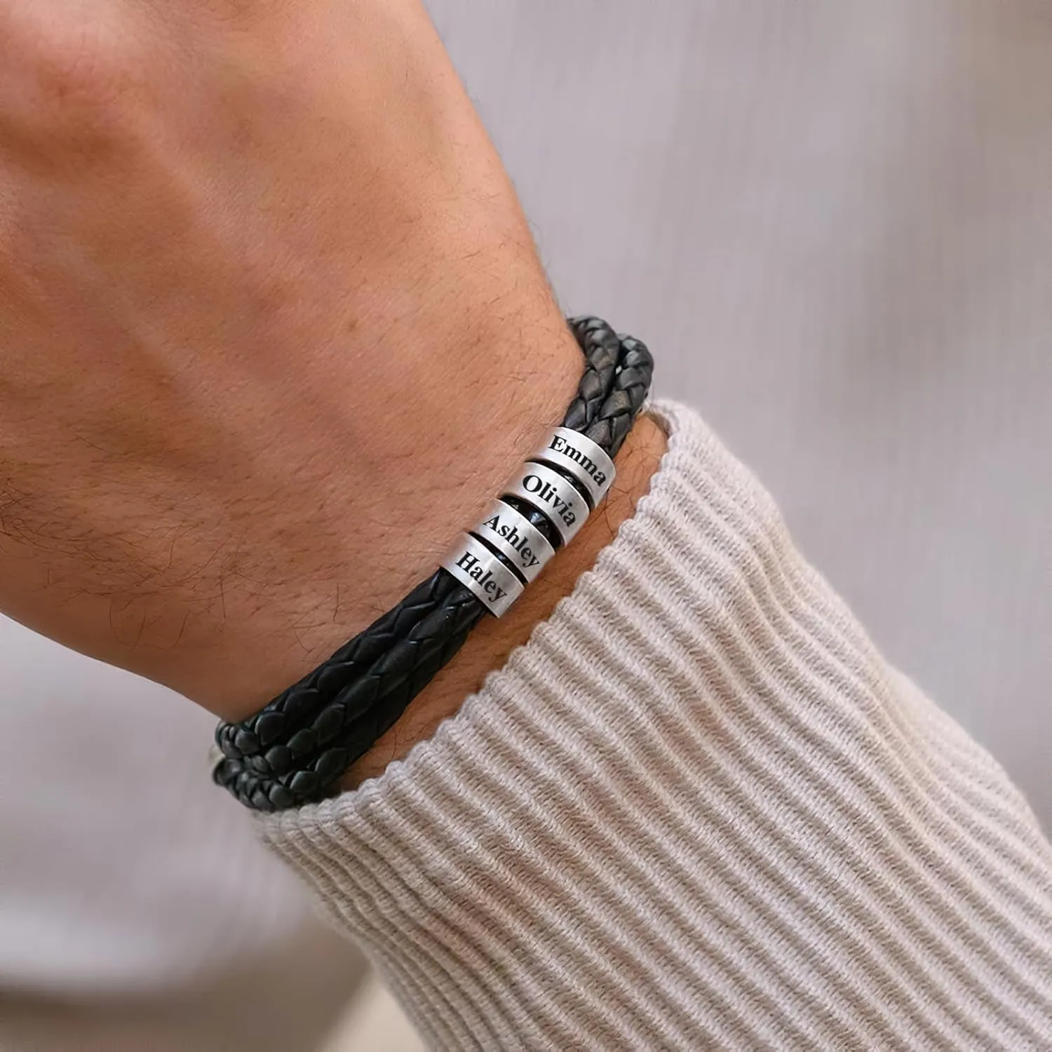 Yofair Custom Mens Bracelet with Family Name Personalized Braided Leather Bracelet Engraved Bracelets Fathers Dad Gifts for Men