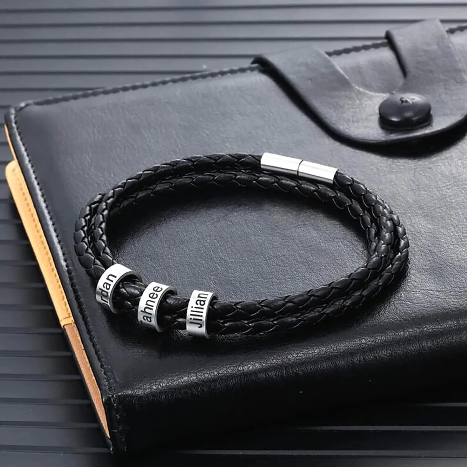 Yofair Custom Mens Bracelet with Family Name Personalized Braided Leather Bracelet Engraved Bracelets Fathers Dad Gifts for Men