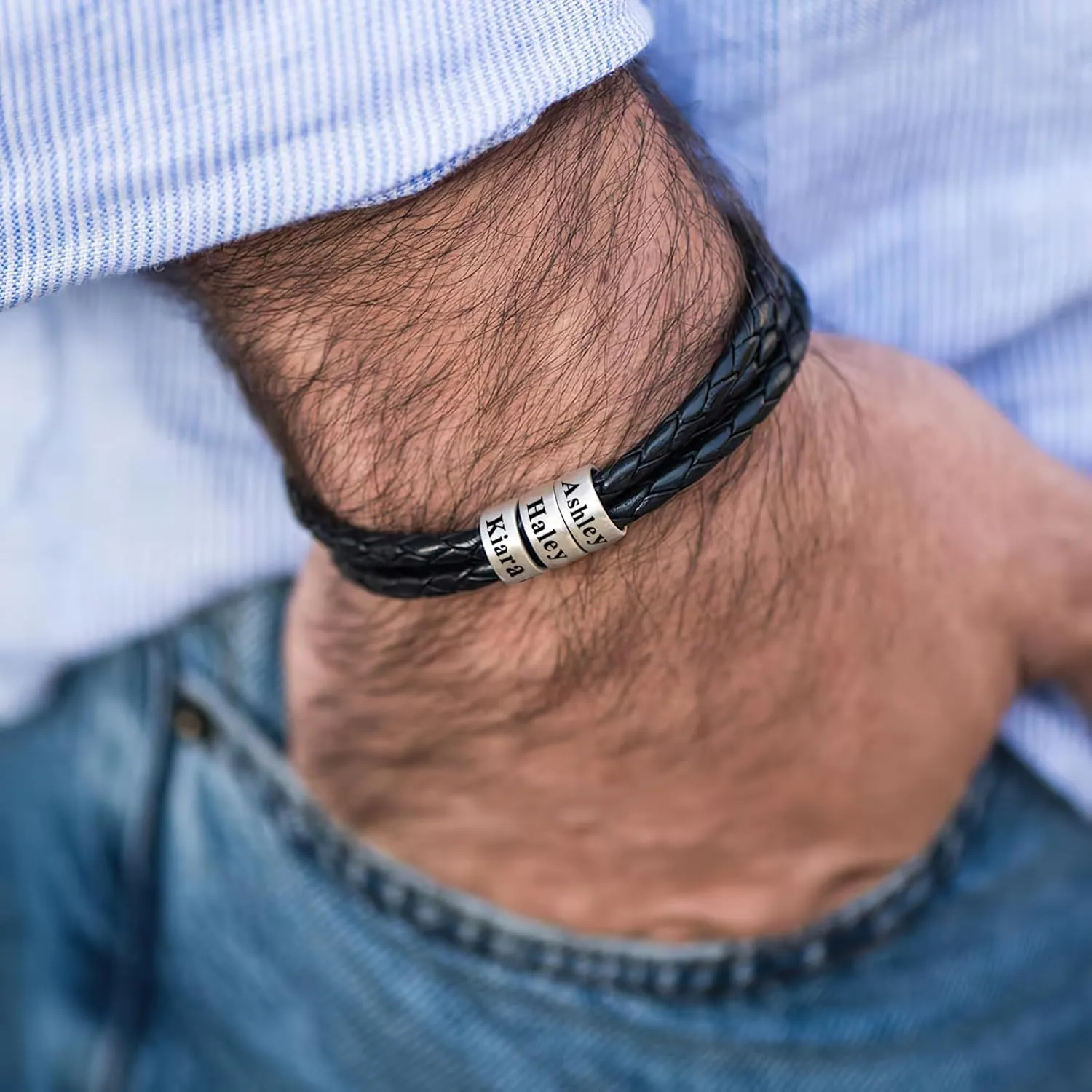 Yofair Custom Mens Bracelet with Family Name Personalized Braided Leather Bracelet Engraved Bracelets Fathers Dad Gifts for Men