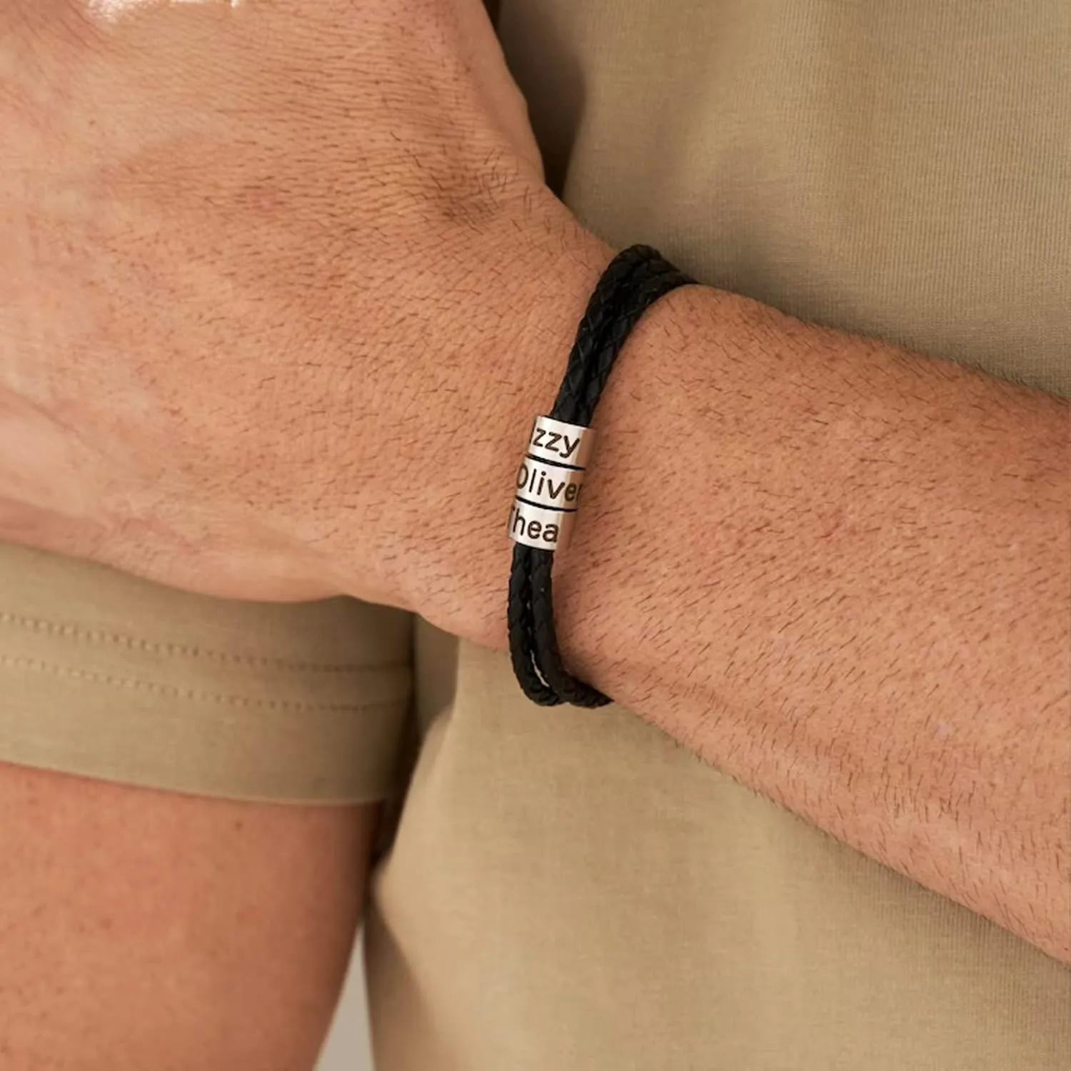 Yofair Custom Mens Bracelet with Family Name Personalized Braided Leather Bracelet Engraved Bracelets Fathers Dad Gifts for Men