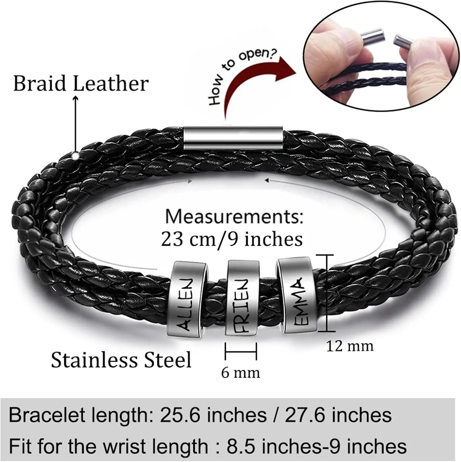 Yofair Custom Mens Bracelet with Family Name Personalized Braided Leather Bracelet Engraved Bracelets Fathers Dad Gifts for Men