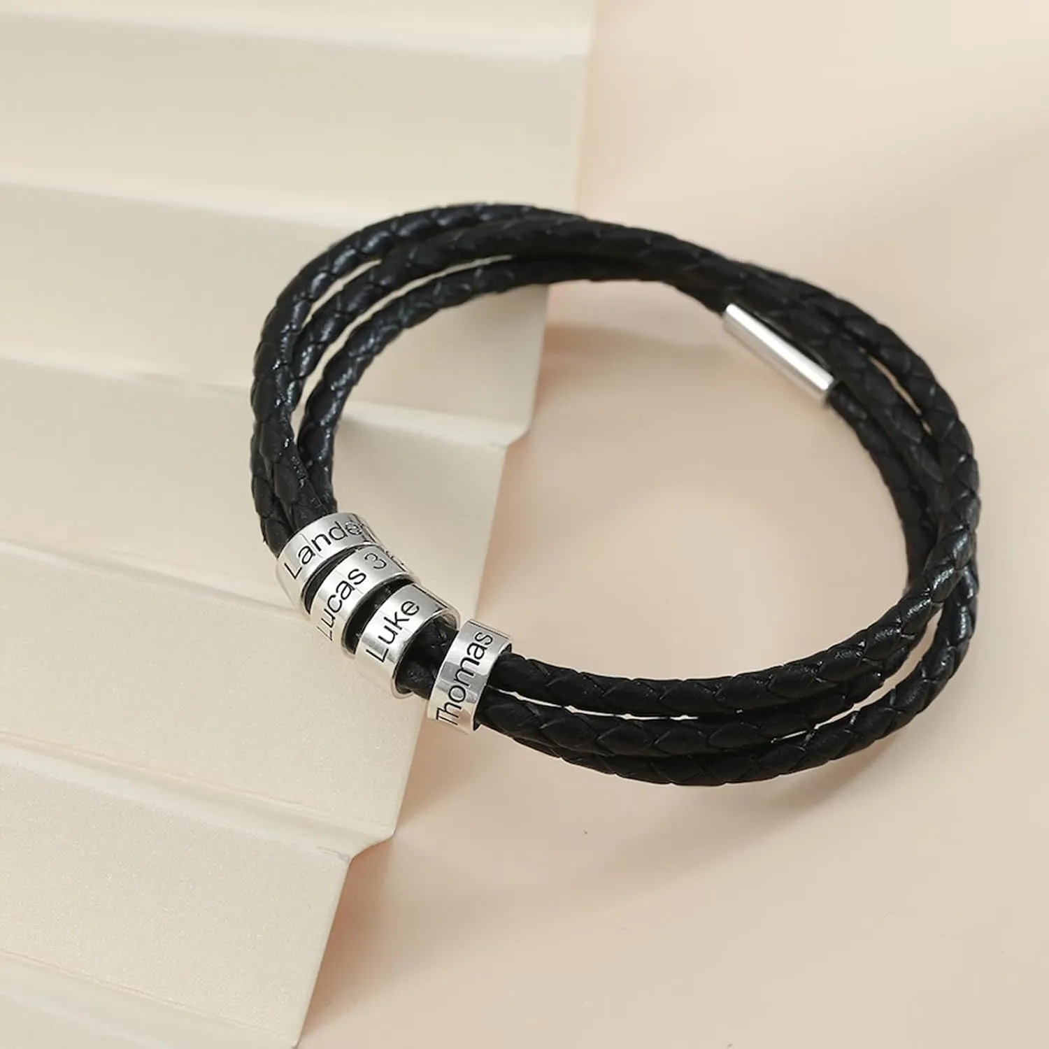 Yofair Custom Mens Bracelet with Family Name Personalized Braided Leather Bracelet Engraved Bracelets Fathers Dad Gifts for Men